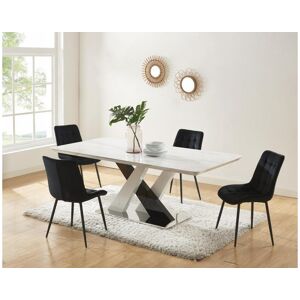 Vente-unique Table a manger 8 couverts en MDF et acier inoxydable - Effet marbre blanc et noir - EVAELA