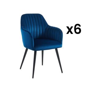Vente-unique Lot de 6 chaises avec accoudoirs en velours et metal noir - Bleu - ELEANA