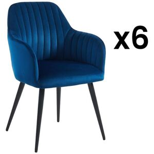 Vente-unique Lot de 6 chaises avec accoudoirs en velours et métal noir - Bleu - ELEANA