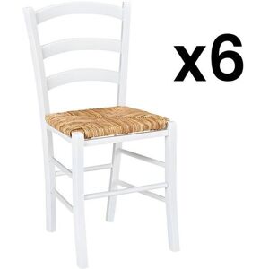 Vente-unique Lot de 6 chaises PAYSANNE - Hetre massif teinte blanc, paille de riz