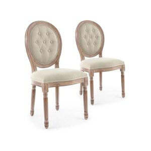 Lot de 2 chaises de style médaillon Louis XVI Bois patiné & Tissu capitonné beige