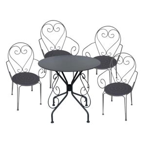 Vente-unique.com Salle a manger de jardin en metal facon fer forge : une table et 4 fauteuils empilables - Anthracite - GUERMANTES de MYLIA