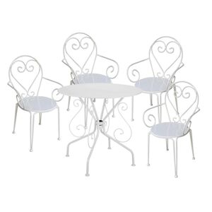 Salle a manger de jardin en metal facon fer forge une table et 4 fauteuils empilables blancs GUERMANTES de MYLIA