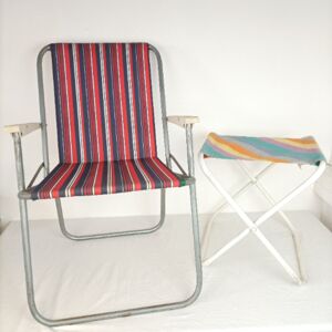 Chaise pliante + Tabouret pliant camping/plage - Vintage - Publicité