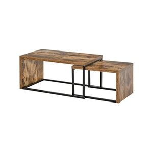 HOMCOM Lot de 2 tables basses gigognes design industriel encastrable dim. grande table 90L x 48l x 42H cm métal noir aspect vieux bois - Publicité