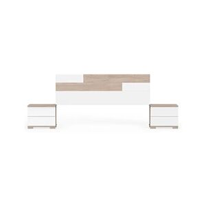 Pegane Ensemble 2 tables de chevet + tete de lit coloris effet bois / blanc - Hauteur 105 x Longueur 212 x Profondeur 36 cm -- - Publicité