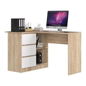 Akord Bureau d'angle Chêne Sonoma 124 cm 3 tiroirs façade Blanche 2 étagères 124x85x77 cm - Publicité