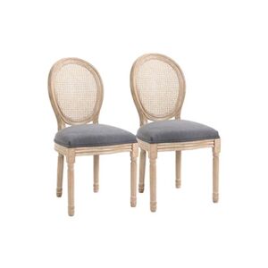 HOMCOM Lot de 2 chaises de salle à manger - chaise de salon médaillon style Louis XVI - bois massif sculpté, patiné - dossier cannage - aspect lin gris - Publicité