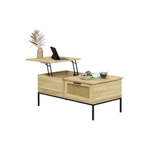 HOMCOM Table basse relevable style bohème chic - 2 tiroirs, compartiment - aspect cannage rotin PVC panneaux aspect bois clair - Publicité