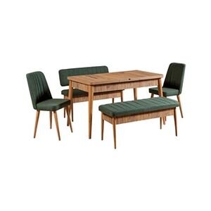 Hanah Home - Ensemble repas table chaises et banc Vina pin et vert - Publicité