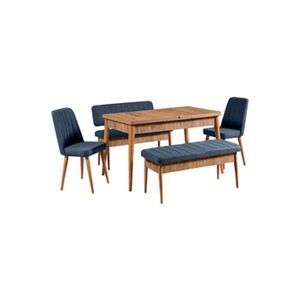 Hanah Home - Ensemble repas table chaises et banc Vina noyer et bleu foncé - Publicité