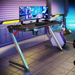 Bureau Gaming Table Ergonomique De Jeu ?Bureau D'ordinateur Pc Gaming Table En Fibre Avec Eclairage Rvb,140x60x75 Cm,Porte Gobelet Support Casque - Publicité