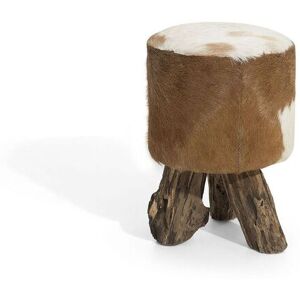 Beliani Footstool Goat Leather Teak Wood Tripod Legs Cow Pattern Rustic Style Material:Goatskin Leather Size:30x42x30 - Publicité