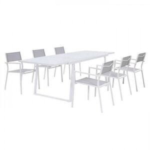 Ensemble Repas 6 Personnes - Table Extensible Aluminium Avec Plateau En Verre 160/240 + 6 Fauteuils Assise Textilene - Blanc - Publicité
