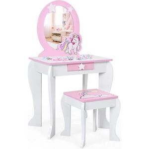 Costway Coiffeuse Pour Enfant Table De Maquillage Avec Tabouret, Miroir Détachable Et 1 Tiroir De Rangement Style Princesse Blanc - Publicité