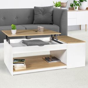 IDMarket Table Basse Plateau Relevable Elea Avec Coffre Bois Blanc Et Façon Hêtre - Publicité