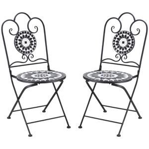 Outsunny Lot de 2 chaises de bistro pliantes pour jardin style fer forgé en métal noir et mosaïque céramique motif rose   Aosom France