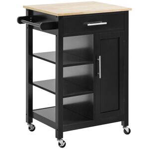 HOMCOM Desserte de cuisine style contemporain - porte, tiroir, 3 étagères - poignées métal MDF noir plateau bois hévéa