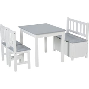 HOMCOM Ensemble de table et chaises enfant - set de 4 pièces - table, 2 chaises, banc coffre 2 en 1 - MDF pin blanc gris