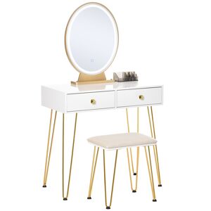 HOMCOM Coiffeuse Table de maquillage moderne - Miroir LED réglable intégré - Tabouret Inclus - pied en métal doré - 2 tiroirs + 1 Organisateur Blanc