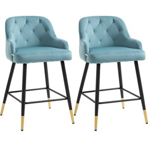 HOMCOM Lot de 2 tabourets de bar chaises hautes capitonnées aspect velours et doré avec repose-pieds, accoudoirs hauteur 61 cm - bleu