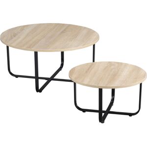 HOMCOM Lot de 2 tables basses rondes style industriel plateau aspect bois clair et piètement en métal noir