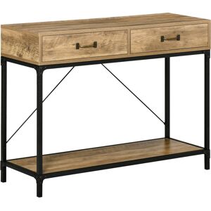 HOMCOM Table console table d'entrée avec 2 tiroirs et une étagère structure en métal et panneaux de particules solides marron