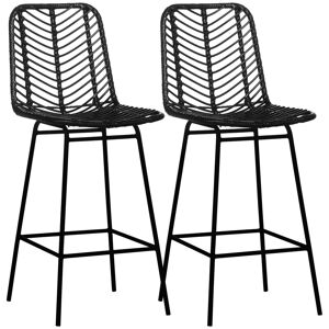 HOMCOM Lot de 2 tabourets de bar chaise de bar design bohème hauteur 66 cm avec repose-pieds métal et rotin PE - noir