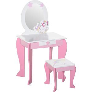 HOMCOM Coiffeuse enfant table de maquillage meuble jeu enfant fille tabouret inclus miroir avec motif de licorne tiroir MDF rose