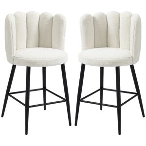 HOMCOM Lot de 2 chaises hautes tabourets de bar avec repose-pieds acier tissu effet laine bouclée hauteur 65 cm crème noir