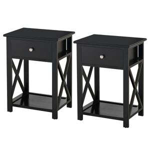 HOMCOM Lot de 2 table de chevet table d'appoint bout de canapé table de nuit avec un tiroir et étagère en bois noire