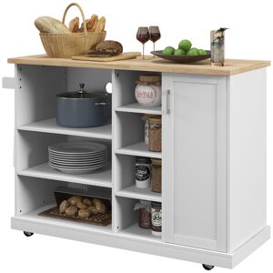 HOMCOM Desserte îlot de cuisine sur roulettes 7 compartiments 1 placard 1 porte 1 porte torchons 129 x 51 x 93 cm bois et blanc