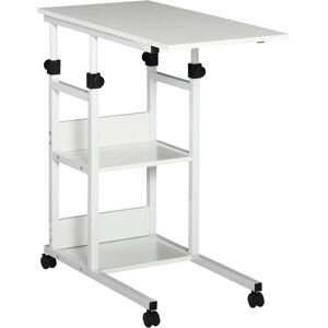 HOMCOM Table d'appoint Bout de canapé Table roulante Table de Lit pour Ordinateur Portable Hauteur réglable 2 étagères intégrées cadre métal Blanc