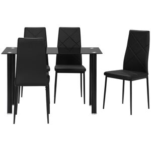 HOMCOM Ensemble de table à manger avec 4 chaises plateau en verre trempé, pieds en acier, pour cuisine salon noir
