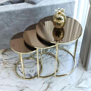 Ensemble de tables gigognes en métal doré 3 pièces, table basse miroir en bronze pour salon, accessoire de mobilier de bureau et décoration de luxe - Publicité