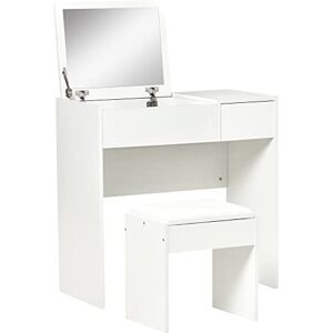 HOMCOM Coiffeuse Table de Maquillage Design Contemporain 80L x 40l x 79H cm Miroir escamotable, tiroir, Coffre + Tabouret Blanc - Publicité