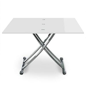 Menzzo Table a Manger Basse Relevable Bois/Inox Laqué Blanc   Rehaussable et Extensible   Transformable et Modulable   Contemporain, Moderne   B2219S Carrera  L57/100 x P100/114,2 x H39/76 - Publicité