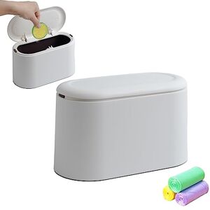 COCOMU Petite poubelle de table avec couvercle, petite poubelle pop-up en plastique, pour bureau, cuisine, chambre, coiffeuse, voiture, petite poubelle (Blanc) - Publicité