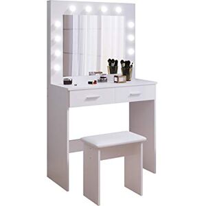 Jooli H Coiffeuse avec Miroir et Tabouret LED, Hollywood Style Table de Maquillage avec 2 Grands tiroirs, 80x40x140cm, Blanc - Publicité