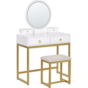 Beliani Coiffeuse Blanc et Doré en Métal MDF et Polyester avec Tabouret et Miroir Auxon - Publicité