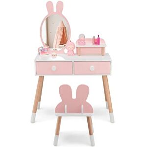 COSTWAY Coiffeuse Enfant 2 en 1 avec Miroir en Forme Lapin,Table de Maquillage en Bois avec Tabouret Mignon,2 Tiroirs,Étagère de Rangement,Style de Princesse pour Fille(Rose)… - Publicité