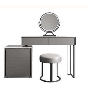 XOVP-023 Coiffeuse Table Ensemble de bureau de maquillage gris moderne, coiffeuse en ardoise en bois, table de maquillage simple, armoire d'appoint, tabouret de maquillage, miroir, armoire latérale télescopiqu - Publicité