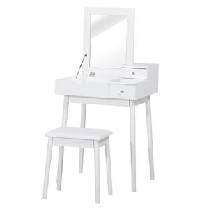HOMCOM Coiffeuse Table de Maquillage avec Tabouret Miroir Rabattable Coffre + 2 tiroirs MDF Bois Massif pin Blanc - Publicité