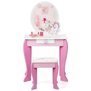 DREAMADE Coiffeuse pour Enfant 2 en 1 avec Miroir Amovible et Tabouret, Table de Maquillage Princesses pour Fille avec Tiroir et Jolis Motifs, 49 x 34 x 89 CM, Rose/Blanc (Rose) - Publicité