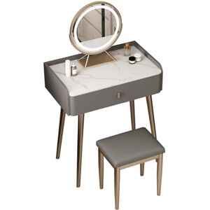 Coiffeuse Moderne avec Miroir Lumineux 3 Couleurs Pivotant à 360 Degrés, Luminosité Réglable, Petit Meuble sous Vasque avec Tiroirs et Tabouret - Publicité