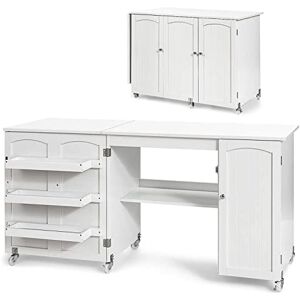 COSTWAY Bureau Pliable, Table de Couture Pliable pour Machine à Coudre, 3 Etagères pour Bobines, roulettes Universelles Verrouillables, pour Salon, Bureau, Studio, 50 x 158 x 75 cm, Blanc - Publicité