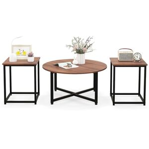 COSTWAY Table Basse Salon 3 Pcs, Table Basse Ronde avec 2 Tables d'Appoint Carrées, Cadre en Métal, Design Moderne Industriel, Table Salon Lot de 3 pour Salon, Chambre (Noyer) - Publicité