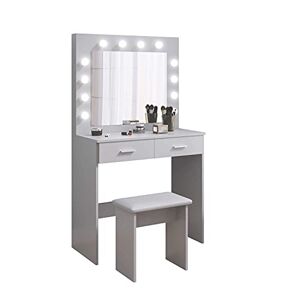 Jooli H Coiffeuse avec Miroir et Tabouret LED, Hollywood Style Table de Maquillage avec 2 Grands tiroirs, 80x40x140cm, Gris - Publicité