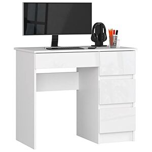 AKORD Bureau avec Rangement   Table de Bureau Tiroir   4 tiroirs Bureaux   Haute qualité   Bureau Adolescent Garcon   pour la Maison Petit   Meuble Ordinateur   Blanc/Blanc Brillant - Publicité