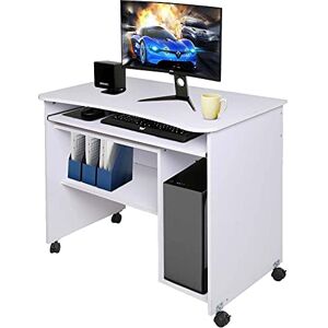 BAKAJI Bureau Table avec Porte Clavier Coputer et étagère en Bois avec roulettes Blanches, Blanc, Unica - Publicité